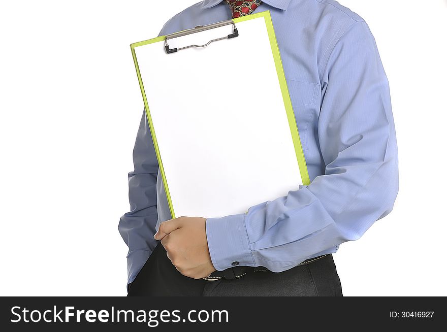 Businessman holding white paper on the clipboard. You can put your message on the paper. Businessman holding white paper on the clipboard. You can put your message on the paper