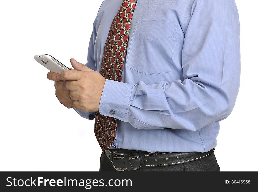 Business man holding smartphone isolated over white background