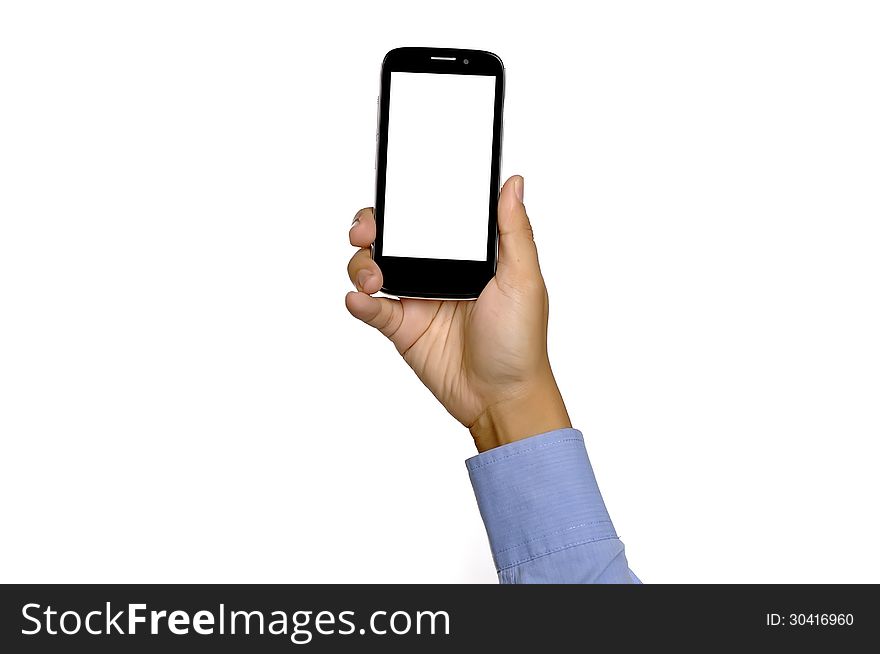 Business man holding smartphone isolated over white background