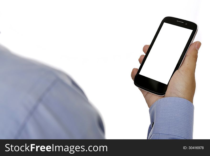 Business man holding smartphone isolated over white background