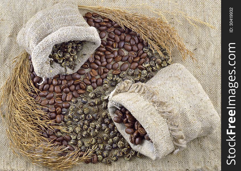 Coffee and tea in small burlap bags