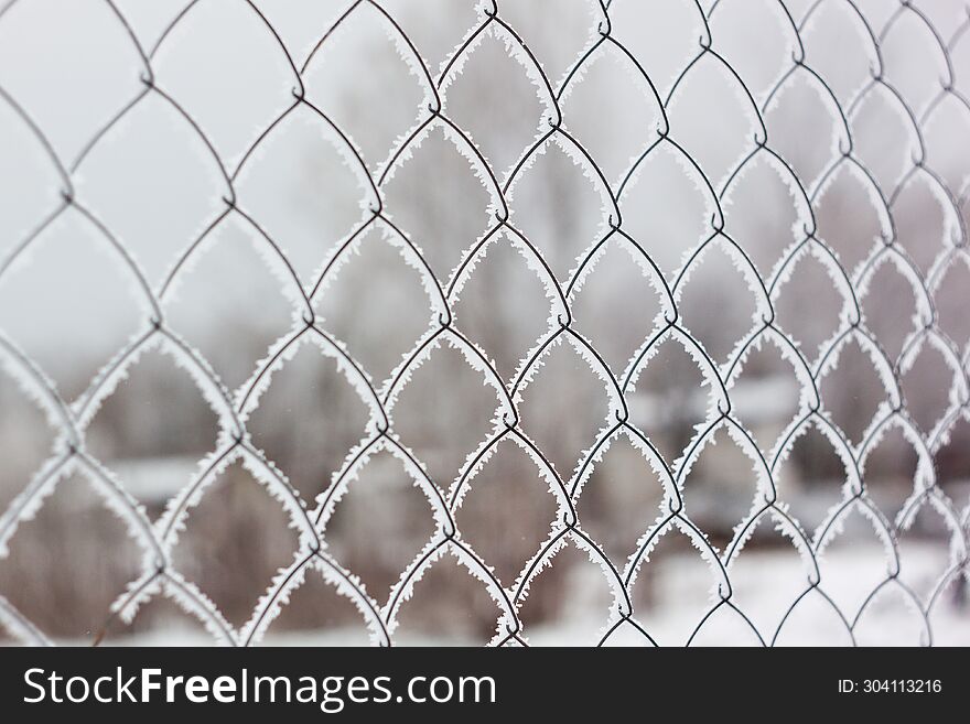mesh fence covered with frosty frost