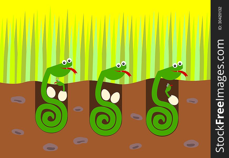 A funny illustration of snakes and their eggs inside a pit. A funny illustration of snakes and their eggs inside a pit