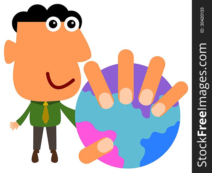 Illustration of a business man holding the world in his hand. Illustration of a business man holding the world in his hand