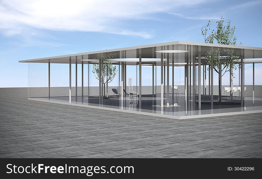 Conceptual modern building with clear glass and column