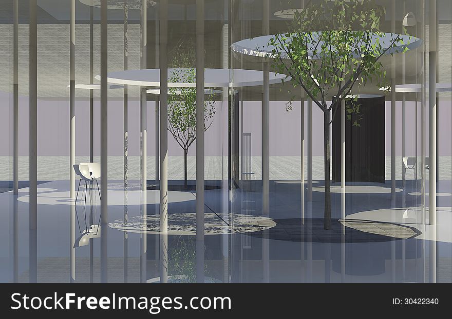 Interior of conceptual modern building with clear glass and column