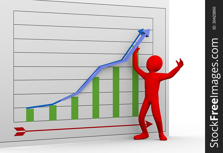 3d illustration of businessman helping graph arrow to go upward. 3d rendering of human people character. 3d illustration of businessman helping graph arrow to go upward. 3d rendering of human people character