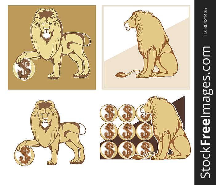 Set of symbols of reliability and wealth - the mighty lions in different postures. Set of symbols of reliability and wealth - the mighty lions in different postures