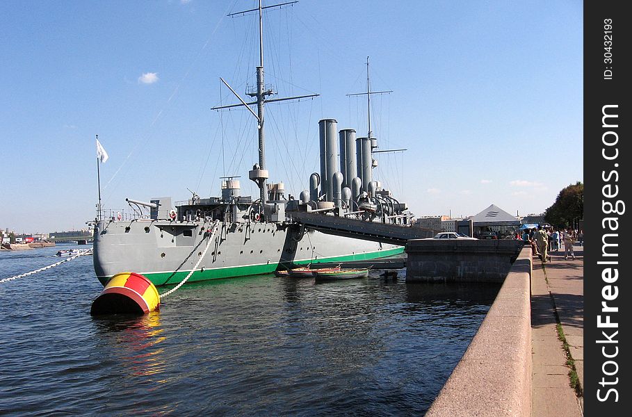Historical cruiser monument in St. Petersburg on summer day