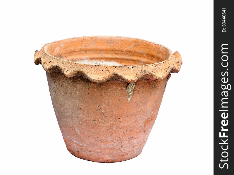 Old baked clay pot on white background.