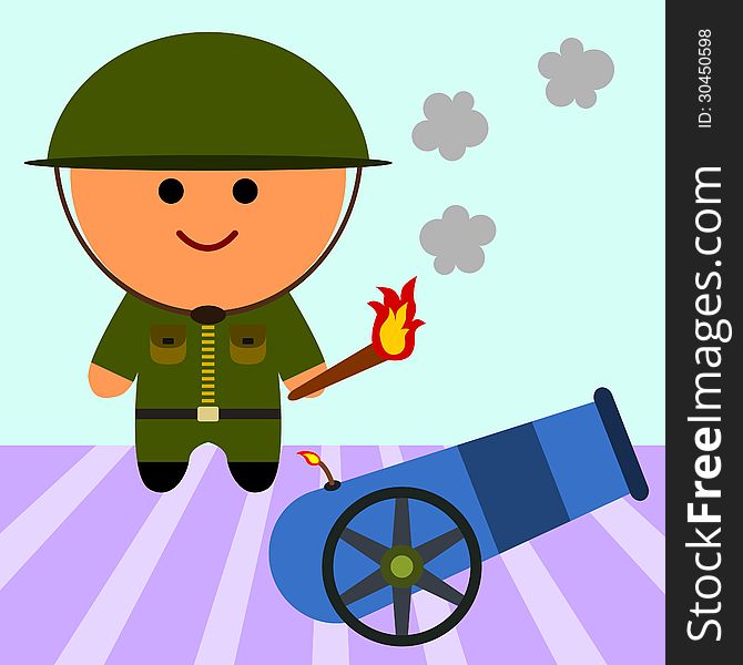 Illustration of a soldier about to fire a cannon. Illustration of a soldier about to fire a cannon