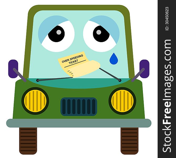 A funny illustration of a sad car with an over speeding ticket in front of it. A funny illustration of a sad car with an over speeding ticket in front of it