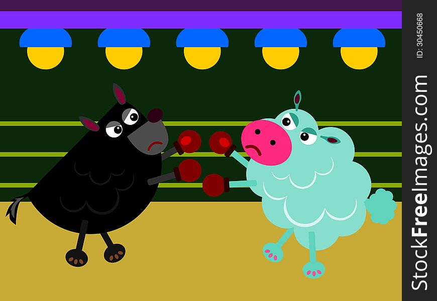 An illustration of a sheep and a wolf having a boxing match. An illustration of a sheep and a wolf having a boxing match