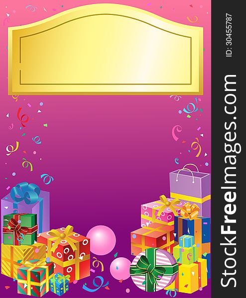 The illustration shows the flyer with gifts on a purple background. The frame has room for text. Illustration done on separate layers. The illustration shows the flyer with gifts on a purple background. The frame has room for text. Illustration done on separate layers.