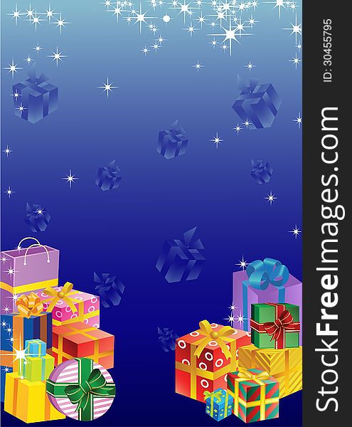 The illustration shows the flyer with gifts on a dark blue background. There is a place for text. Illustration done on separate layers. The illustration shows the flyer with gifts on a dark blue background. There is a place for text. Illustration done on separate layers.