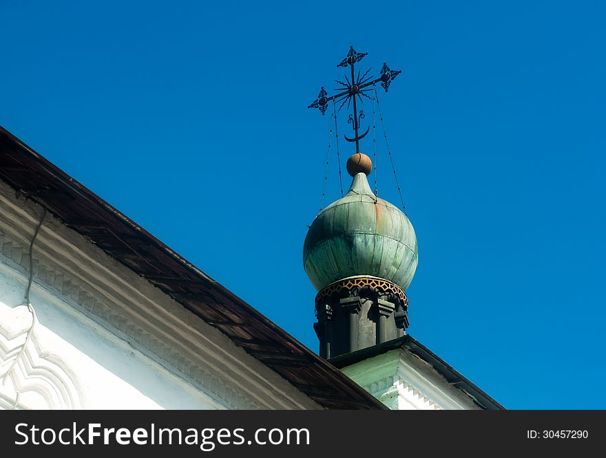 Novospassky monastery in Moscow. Cupolas and crosses of the Pokrovskaya Church.