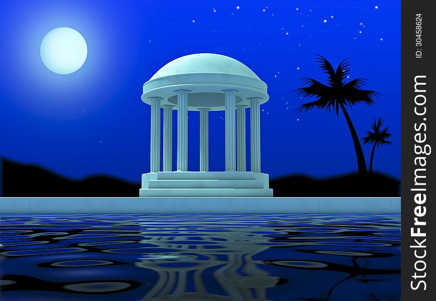 Antique rotunda in beams of the full moon with reflection in water. Antique rotunda in beams of the full moon with reflection in water