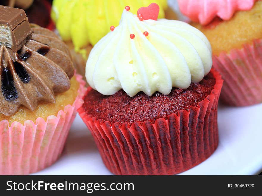 Closeup of cupcakes in a party.