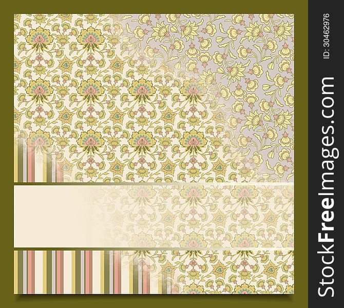 Vintage abstract retro background for greeting, invitation, congratulation, card with floral seamless transparent ornaments, decorative banner for text box. Old style pattern design. Vintage abstract retro background for greeting, invitation, congratulation, card with floral seamless transparent ornaments, decorative banner for text box. Old style pattern design