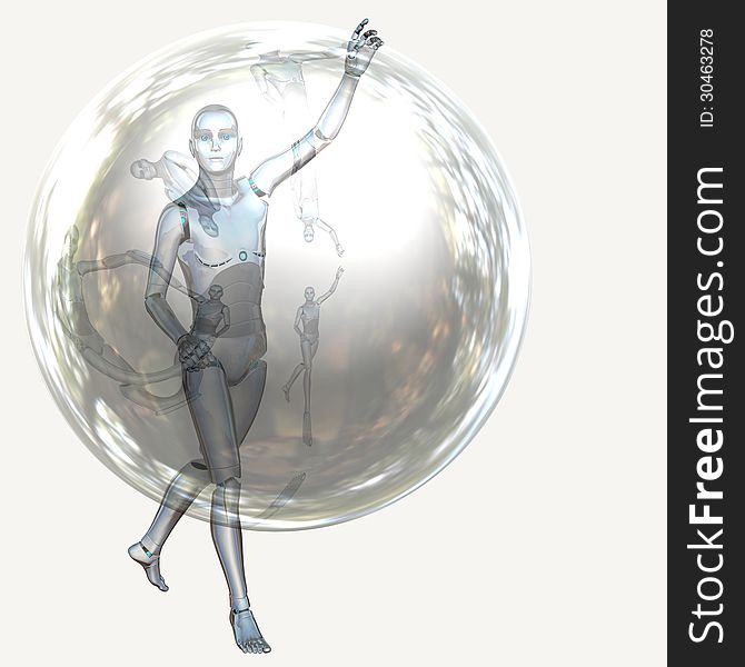 Cyborg, humanoid with transparent sphere, futuristic background. Cyborg, humanoid with transparent sphere, futuristic background.
