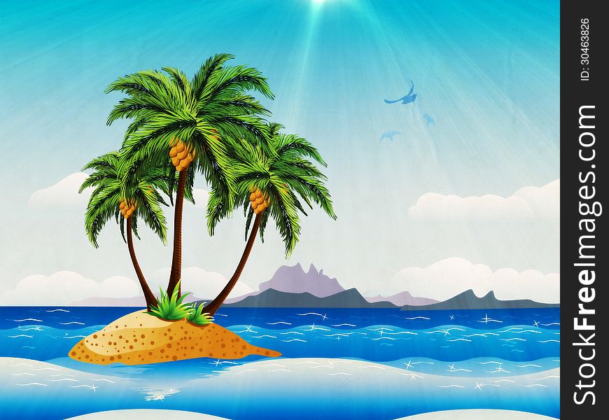 Grunge background with tropical island with palm trees in the ocean. Grunge background with tropical island with palm trees in the ocean.