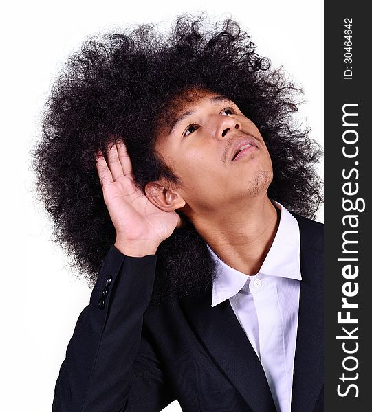 Close up young man with long hair listening