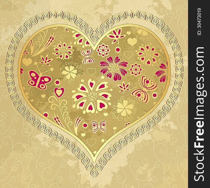 Old grunge paper with big gold heart with floral pattern (vector EPS 10). Old grunge paper with big gold heart with floral pattern (vector EPS 10)