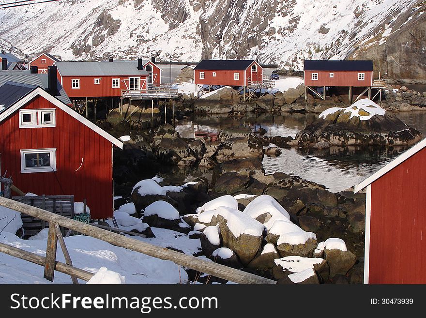 Hut on the Fjord, Lofoten islands, during winter