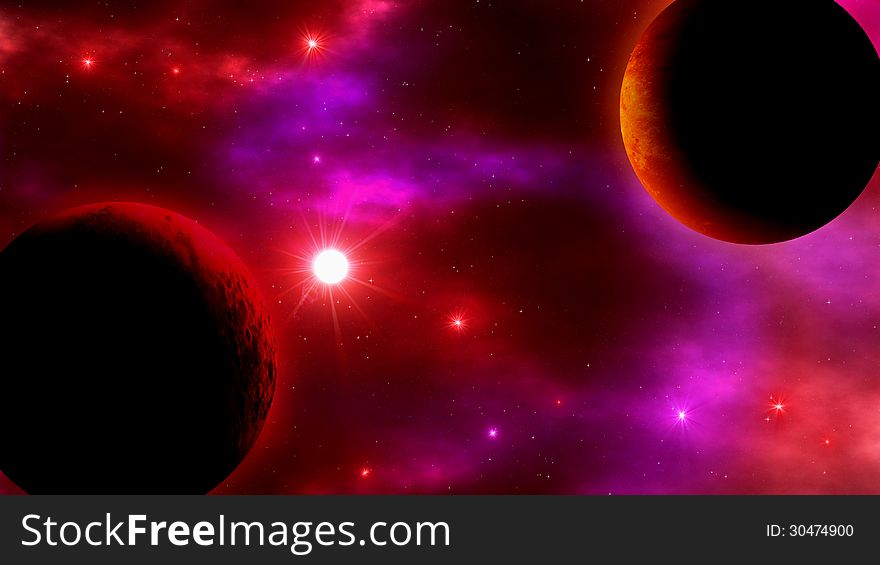 Illustration of open space with a flaming dark planet, stars, quasars and nebulas