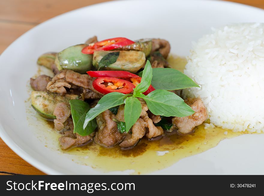 Stir-fried green curry with pork. Stir-fried green curry with pork