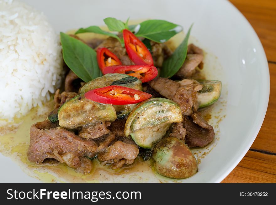 Stir-fried green curry with pork. Stir-fried green curry with pork