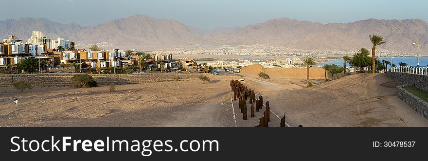 Panoramic view on the Aqaba gulf from dry river, Eilat, Israel