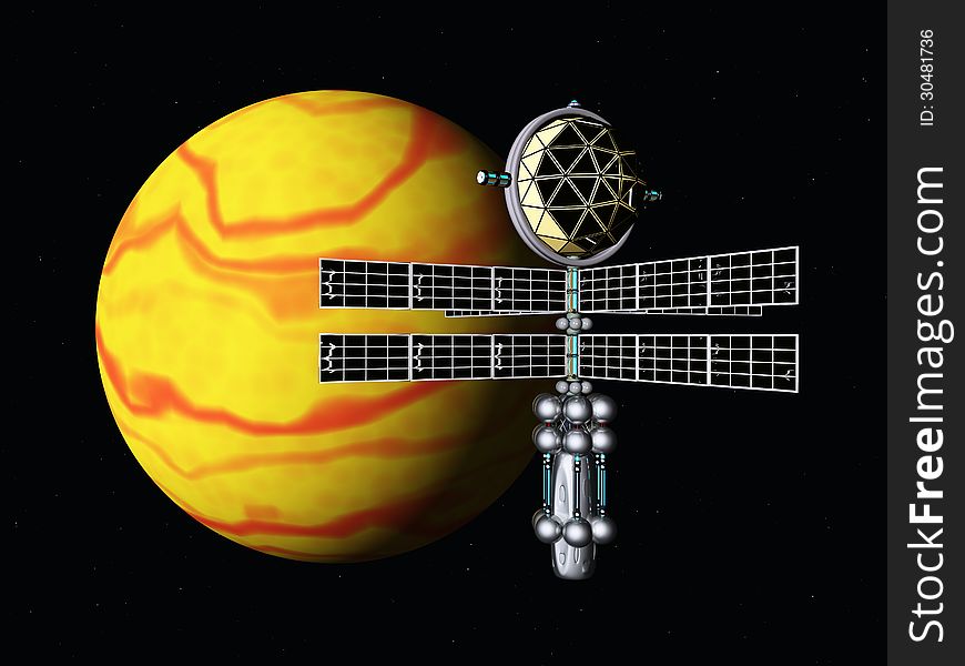 Computer generated 3D illustration with yellow planet and space probe. Computer generated 3D illustration with yellow planet and space probe