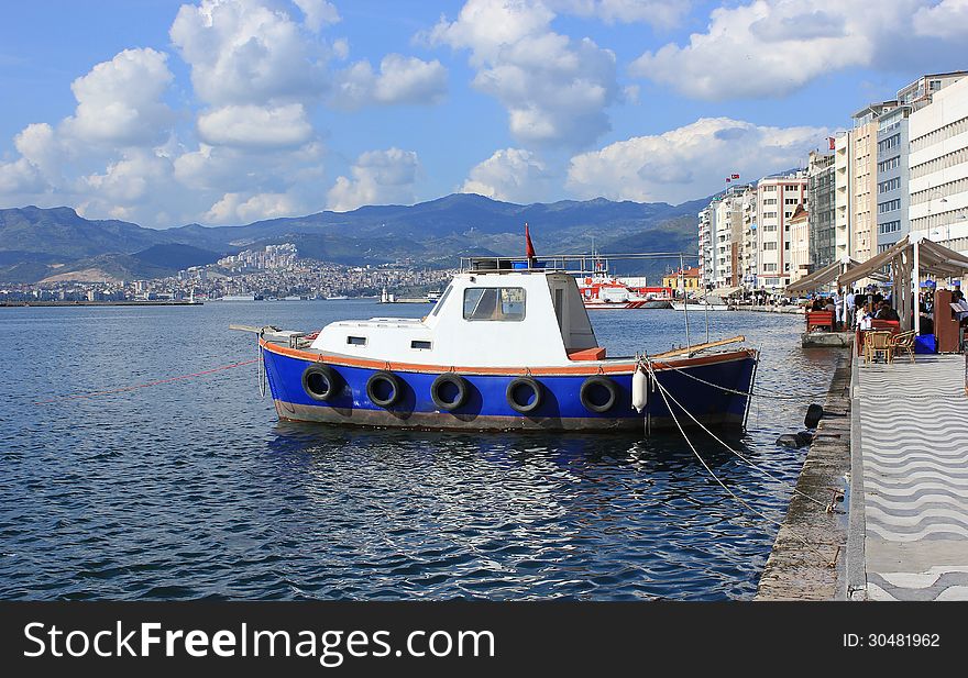 Boat in Izmir with Alsancak view Turkey. Boat in Izmir with Alsancak view Turkey