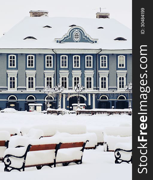 The Serbian Episcopal Palace, Union Square in Timisoara at wintertime.