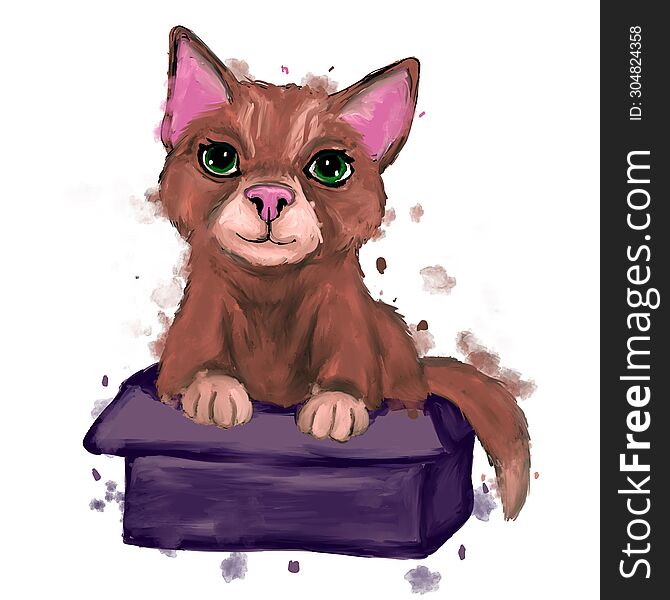 Cat In Box - Watercolor Illustration