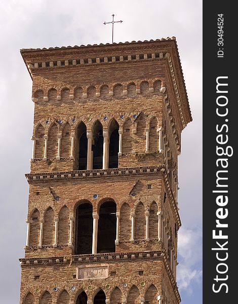 Bell tower of the Cathedral of St. Cesareo in the center of Terracina