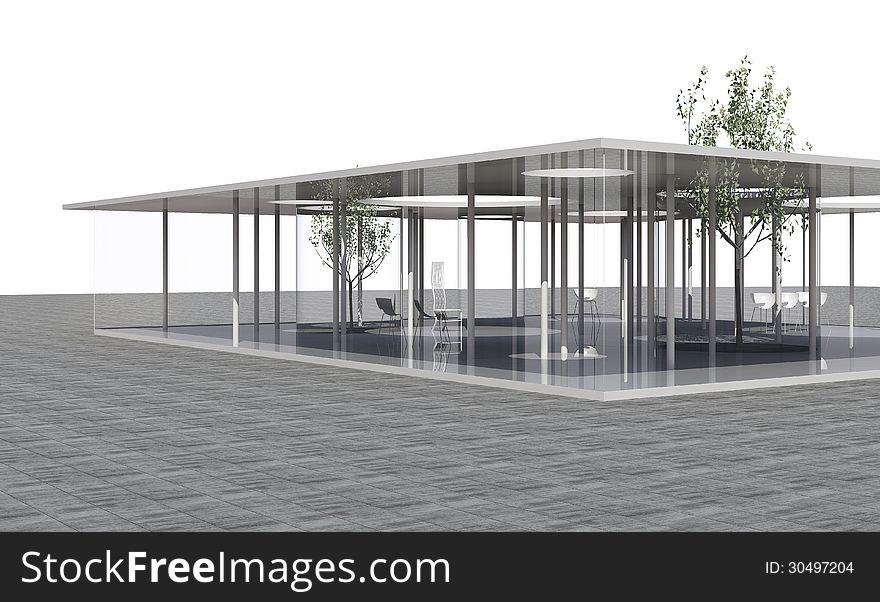 Conceptual modern building with clear glass and column on white background