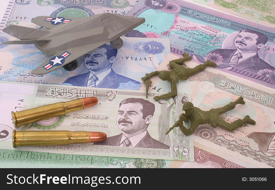 Currency From Iraq with Bullets and Plastic Soldiers. Currency From Iraq with Bullets and Plastic Soldiers