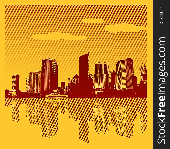 Red city with lines on yellow background. Vector art