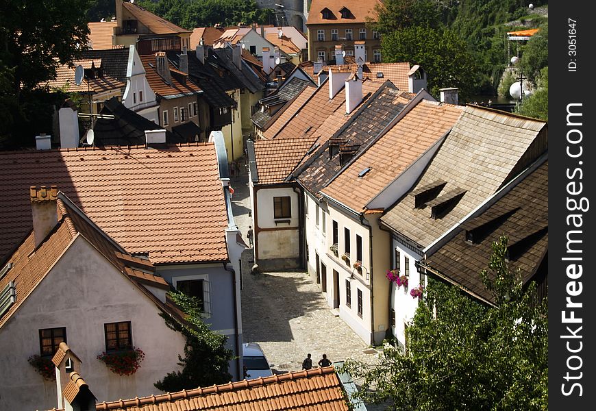 Beauty old town in Cesky Krumlov. Old buildings red roofs.