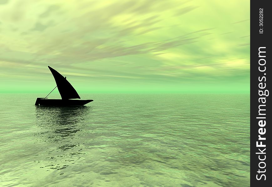 Small boat and  sunset  sky - 3d landscape scene .