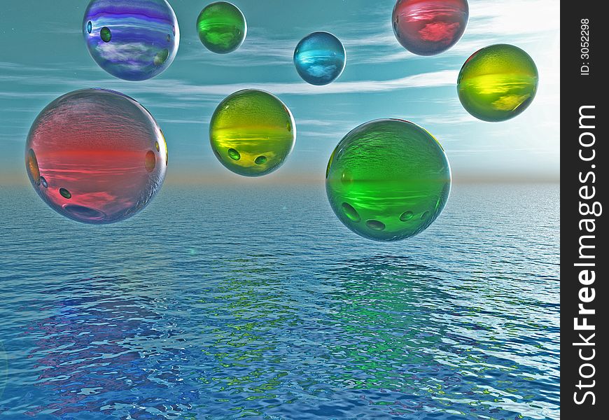 Multicolor rising balls from sea surface - 3d illustration.