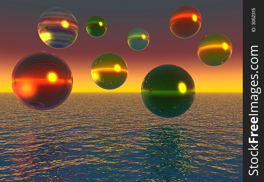 Rising water balls on sky background - digital artwork.