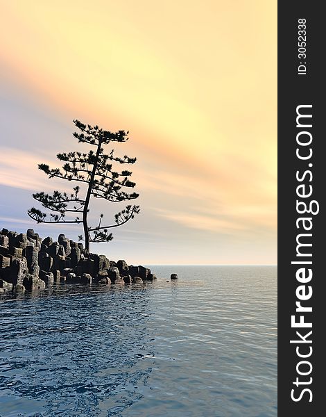 Pine tree at sea coast - 3d illustration.