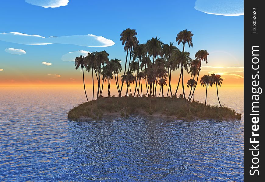 Sunset coconut palm trees on small island - 3d illustration.