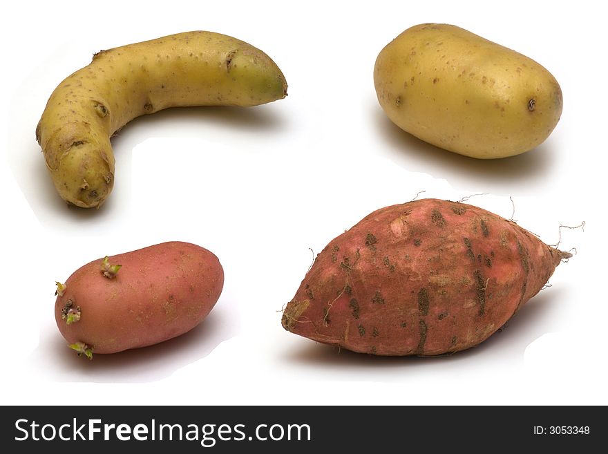 4 potatoes on white background