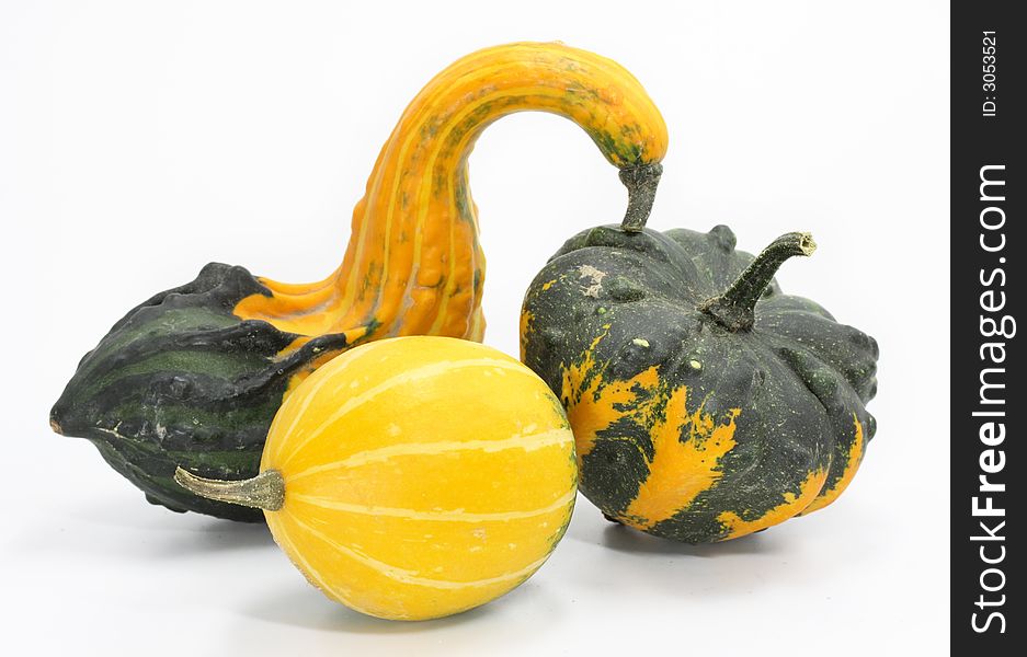 Three colorful pumpkins on white background