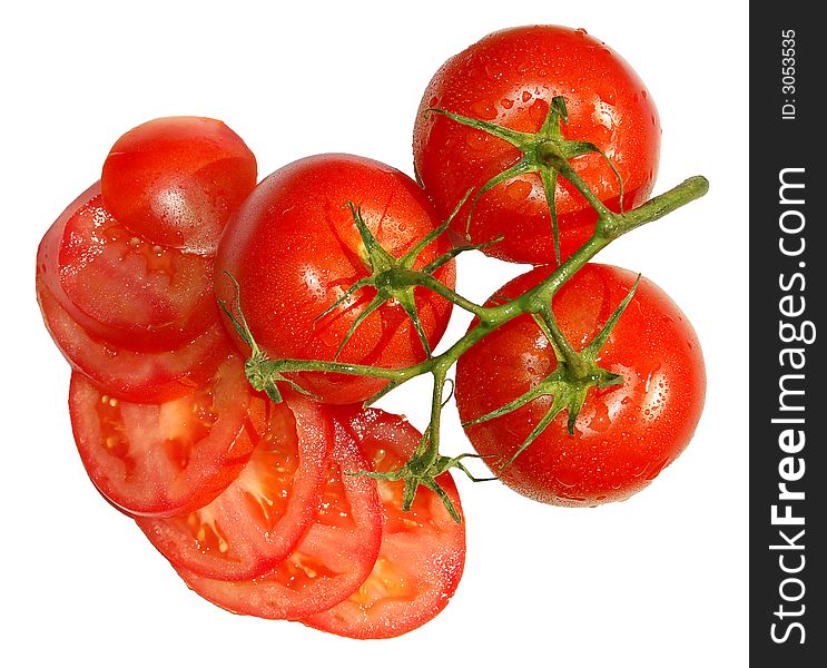 Branch of ripe red tomatoes on the white background. Branch of ripe red tomatoes on the white background