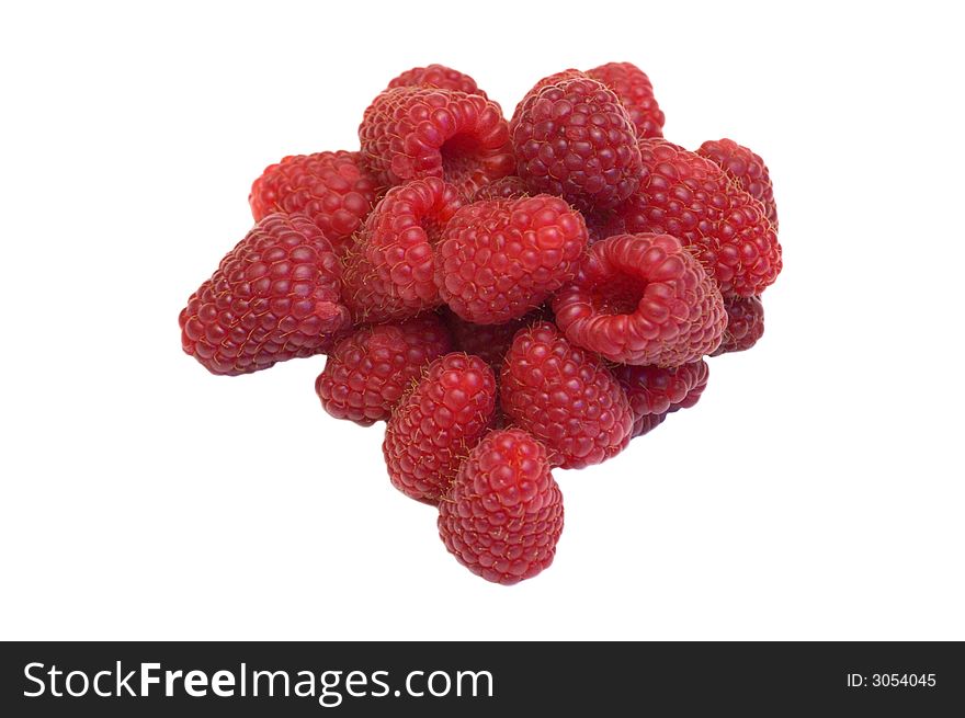 Bunch of fresh raspberries in the form of triangle isolated on white background